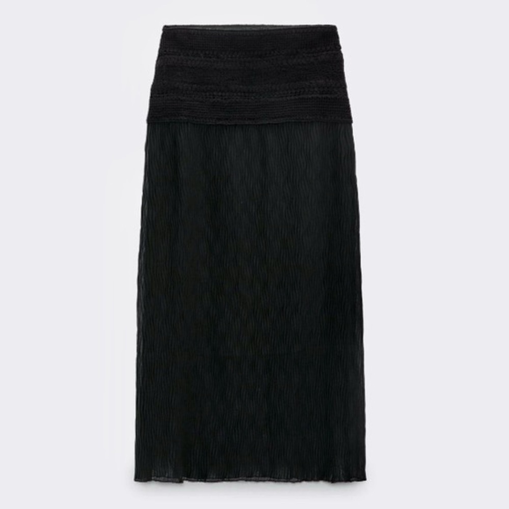 Zara black knit crochet mixed combination crocheted mesh semi-sheer midi skirt - Picture 7 of 9